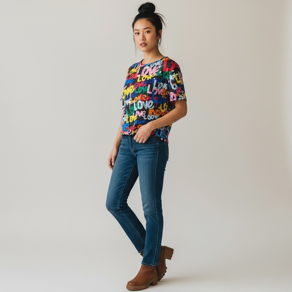 Shein Curve‎ 1XL Graphic Love Print Tee Vibrant Multicolor Short Sleeve